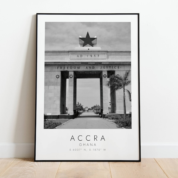 ACCRA GHANA reisprint | Afdrukken voor reisliefhebbers | zwart-witte kunst | Coördinaten afdrukken