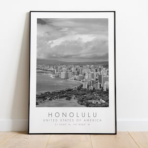 HONOLULU USA Reise Druck | Druck für Reiseliebhaber | Schwarz-Weiß-Kunst | Koordinaten Print