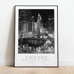 CHICAGO USA Reisedruck | Druck für Reiseliebhaber | Schwarz-Weiß-Kunst | Koordinaten Print