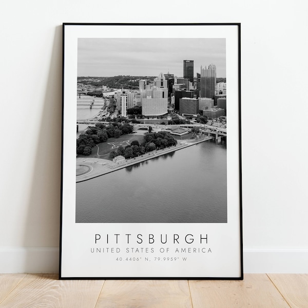 Impression de voyage PITTSBURGH USA | Imprimer pour les amateurs de voyages | art noir et blanc | Coordonnées Imprimer