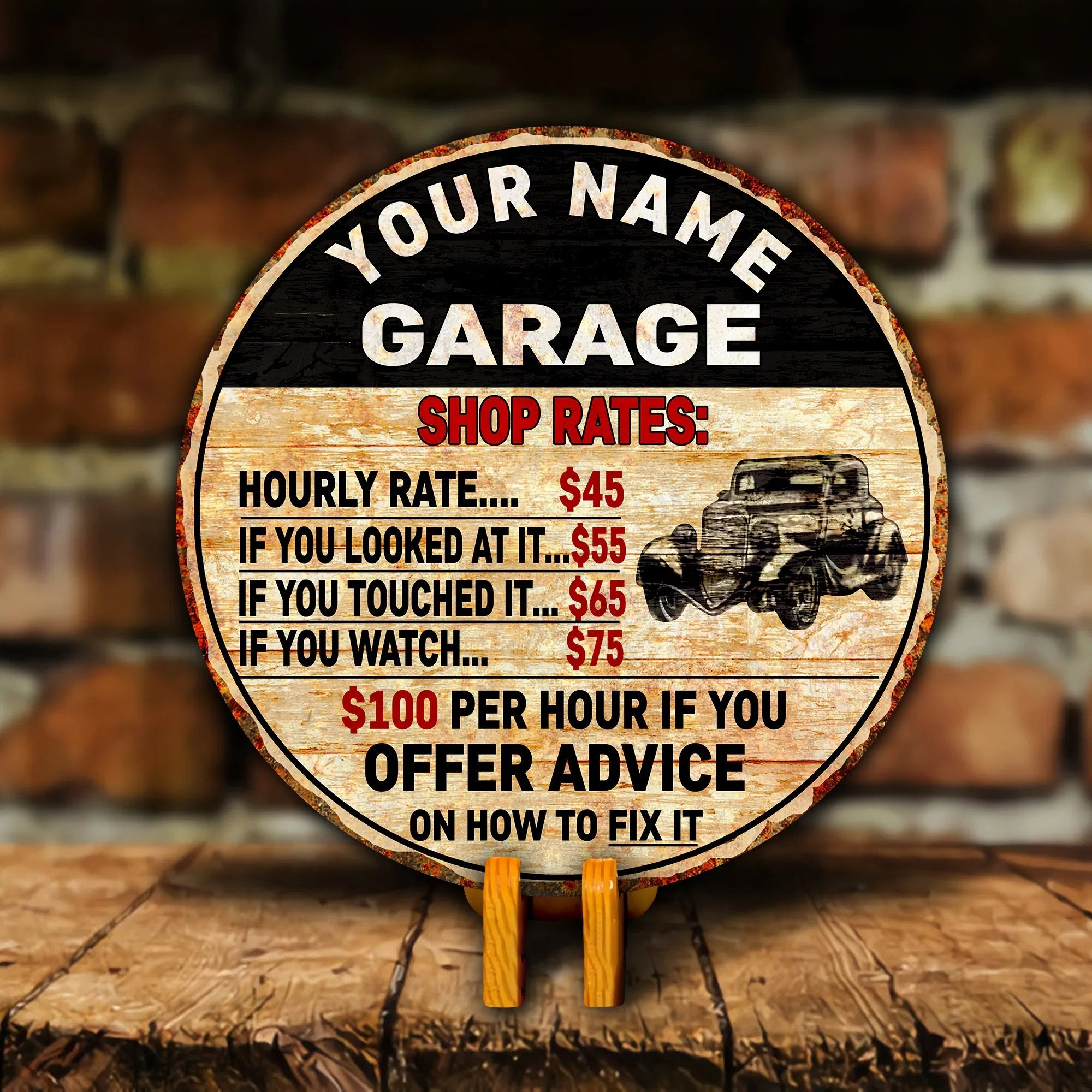 Custom Name Garage Shop Rates Hourly Rate Vintage Round Wood Etsy