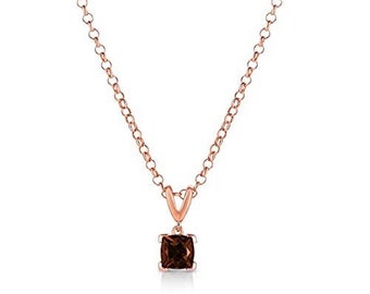LeVian 14K Rose Gold Plated Sterling Silver Cushion Cut Brown Smoky Quartz V Bail Petite Dangling Drop Pendant Necklace with Cable Chain 18"