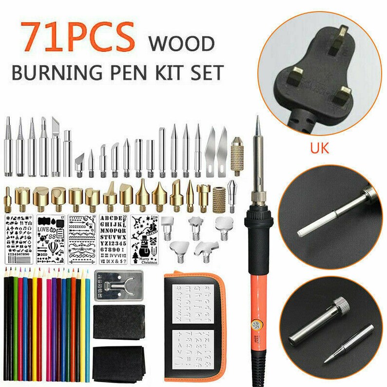 Wood Burning Pen Tool Soldering Stencil Iron Craft Set Pyrography Kit 71pcs 60W zdjęcie 2