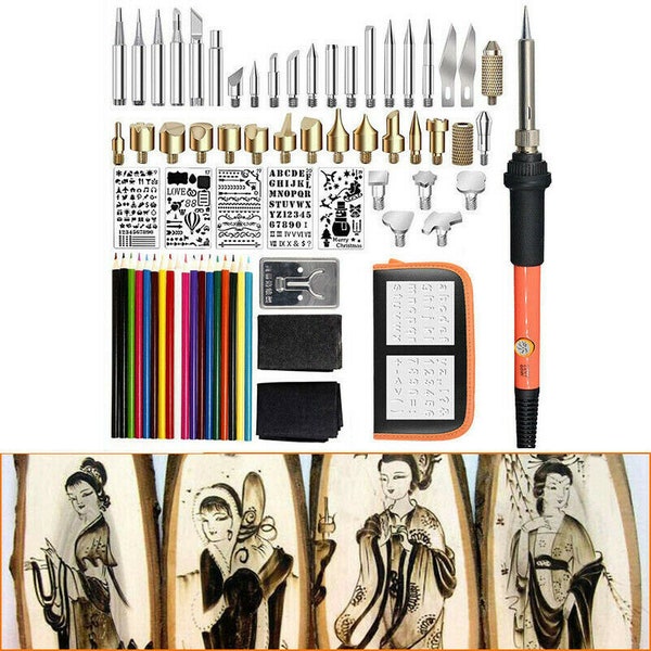 Wood Burning Pen Tool Soldering Stencil Iron Craft Set Pyrography Kit 71pcs 60W