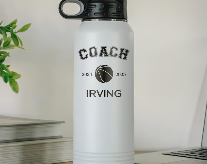 Custom Coach Gift - Insulated Water Bottle 32oz - Flip Top Lid Straw - White, Black Etching - Basketball, Soccer, Football, Baseball, Golf
