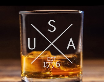 USA Est 1776 Whiskey Glass - Old Fashioned Patriotic Bourbon Rocks Glass, Made in USA - celebrate 250 years of Greatness