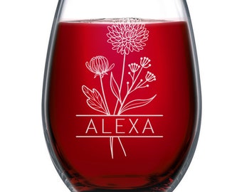 Personalized Birth Flowers Wine Glass Add Your Custom Name with Your Birth Flower Christmas Anniversary Mother's day Best Gift For Her