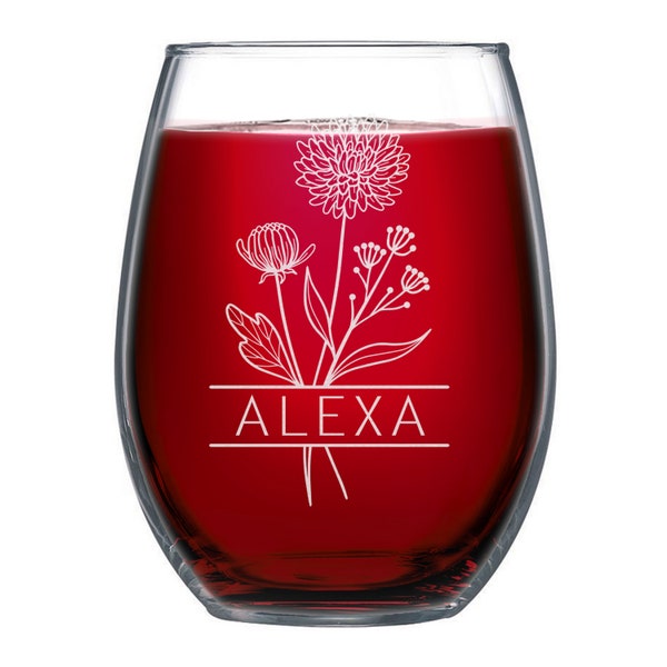 Personalized Birth Flowers Wine Glass Add Your Custom Name with Your Birth Flower Christmas Anniversary Mother's day Best Gift For Her