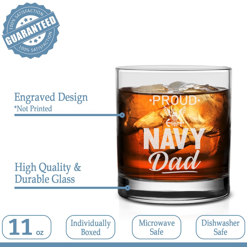 May include: An 11 ounce glass whisky tumbler with an engraved design that reads "Proud Navy Dad". The glass is microwave and dishwasher safe.