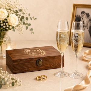 May include: Two clear glass champagne flutes etched with Mr and Mrs Henderson 04.20.2027, a dark brown wooden box with a matching engraved crest and metal latch, and two gold-toned wedding bands resting on a flat surface.