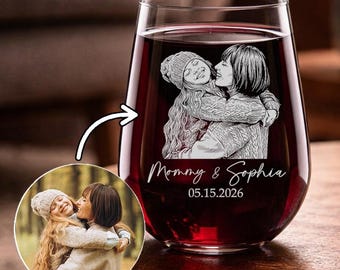 Custom Mom Photo Wine Cocktail Glass Personalized Portrait Anniversary Gift for Mothers Day Birthday