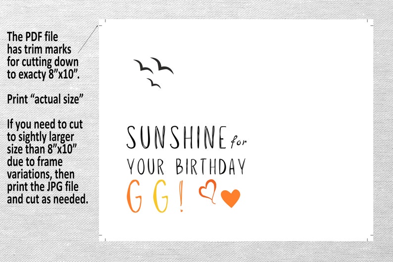 May include: A printable birthday card with the text "SUNSHINE for YOUR BIRTHDAY GG!" in black and orange lettering with two orange hearts. The card also features a black silhouette of three birds flying.