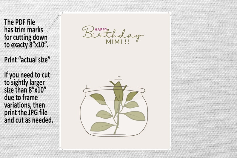 May include: Printable 8x10 inch card with a green plant in a glass jar and the text "Happy Birthday Mimi!"