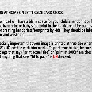 May include: Text explaining how to print a printable at true size on letter size card stock. It mentions using the 8"x10" PDF file with trim marks and checking "print actual size" or "print at 100%" while unchecking "fit to page".