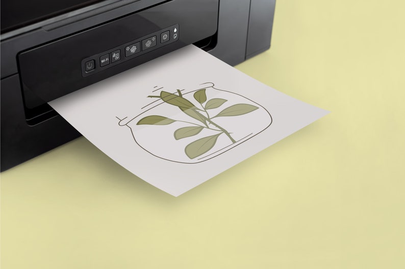 May include: A black and white line drawing of a plant with leaves inside a clear jar, printed on a white sheet of paper coming out of a black printer.