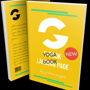 May include: A yellow book cover with a white letter G and the text "YOGAK LADING PAGE" in black. The book cover also has a red circle with the word "NEW" in white. The text "by groove pages" is in black at the bottom of the cover.