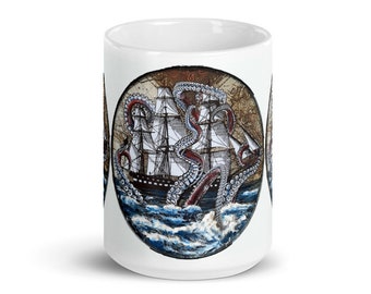 Kraken Attack Mug | Handmade Art, Tea Cup, Coffee Mug, Nautical Design Mug, Unique Gift
