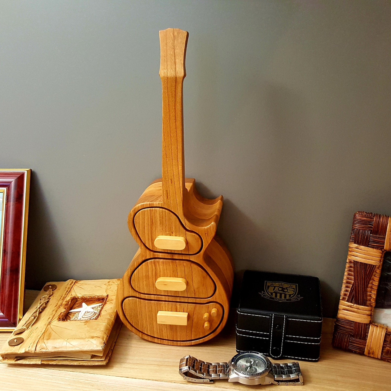 Quality jewelry bandsaw box Guitar light brown made of Etsy