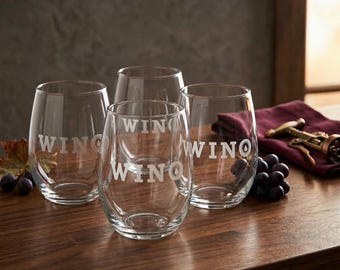 Engraved Stemless Wine Glasses Set of 4 – Libbey DuraTuff Glassware, Wedding, Housewarming & Hostess Gift