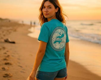 Distressed Sea Turtle Graphic Tee – Lagoon Blue Comfort Colors Ringspun Cotton Beach Shirt