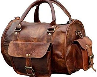 Leather artisanal Genuine Vintage Men’s Duffel Sports Gym, Travel, Carry-on Luggage Bag, Rich Brown Leather Bag