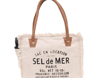 Sel De Mer White Canvas Handbag | Summer Beach or Pool Bag | For Women | Vintage Tote | Upcycled Handmade Accessories