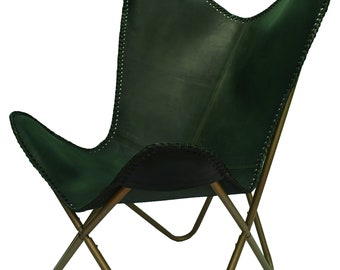 Leather Montreux Green Handmade Chairs-Butterfly Chair Green Leather Butterfly Chair - Handmade Chair (with Fold-able Stand)