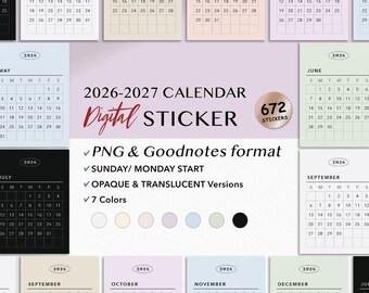 2026-2027 Mini Calendar Digital Stickers – GoodNotes, PNG (Sunday/Monday Start)