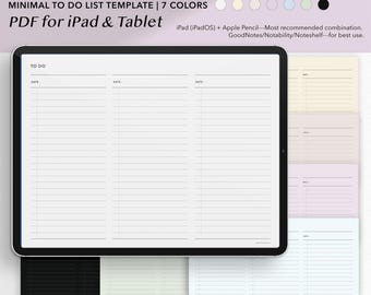 Modello di elenco di cose da fare digitale / Planner giornaliero minimale con 3 colonne / Orizzontale / 7 colori