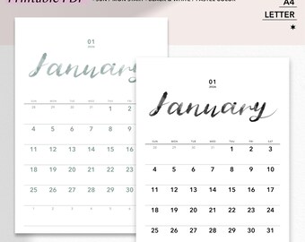 Calendario stampabile 2026 / Calendario da parete minimalista con calligrafia acquerellata / A4 e formato lettera USA