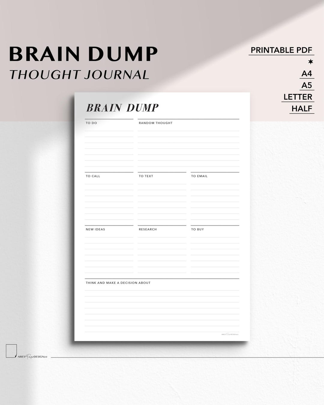 Brain Dump Template: Printable A4, A5, Letter and Half Thought Journal (PDF Download) - Etsy