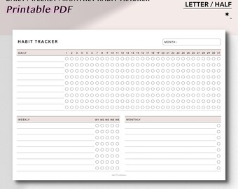 Modello di monitoraggio delle abitudini mensili: stampabile in formato A4, Letter, A5, formato ridotto (download PDF)