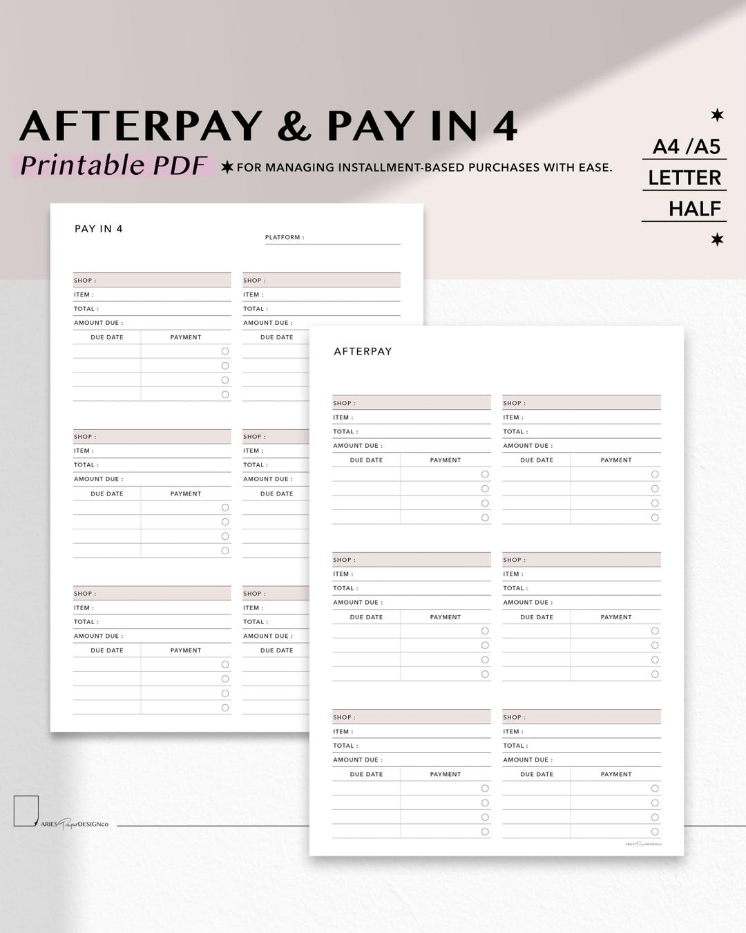 Printable Afterpay & Pay in 4 Tracker | One Page BNPL Payment Tracker ...