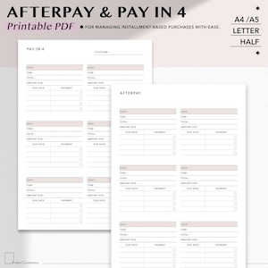 Pode incluir: Modelos PDF imprimíveis para gerenciar compras parceladas. O design inclui formulários para Afterpay e Pay in 4, com campos para loja, item, total, valor devido, data de vencimento e pagamento. O texto "AFTERPAY & PAY IN 4" está no topo.