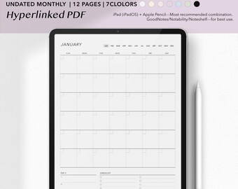 Calendario mensile digitale senza data / Planner mensile con collegamento ipertestuale / Layout verticale di 12 mesi / Design minimale / 7 colori