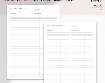 Tracker dei risparmi stampabile / Planner dei risparmi verticali di una pagina (set di 2 tipi)