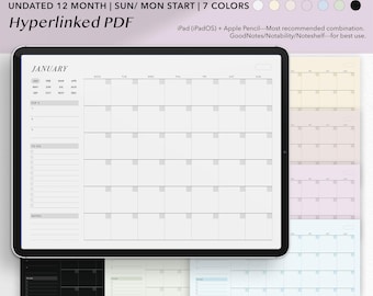 Calendario mensile digitale senza data / Planner mensile con collegamento ipertestuale / Layout 12 mesi / Design minimale / 7 colori