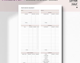 Planner di budget per buste paga stampabile / Planner di gestione del denaro minimo in una pagina