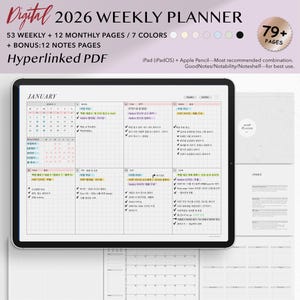 Puede incluir: Planificador semanal digital 2026 en una tableta. El planificador incluye 53 páginas semanales, 12 mensuales, 7 colores y 12 páginas de notas adicionales. La pantalla muestra un diseño de calendario para enero. Diseñado para iPad y Apple Pencil.