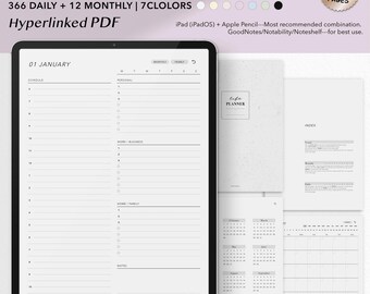Planner digitale mensile e giornaliero / 381 pagine PDF con collegamento ipertestuale / Mensile non datato, 366 pagine giornaliere / Planner pastello minimalista / 7 colori