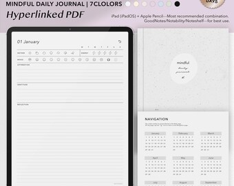 Diario digitale giornaliero / Affermazione, gratitudine e riflessione / 366 giorni con collegamento ipertestuale / Design minimalista / 7 colori