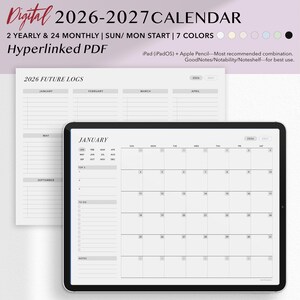 Könnte beinhalten: Ein digitaler Kalender 2026-2027, der auf einem Tablet und einem gedruckten Blatt angezeigt wird. Der Kalender bietet 2 Jahres- und 24 Monatsansichten, mit Sonnen-/Montagsstart und 7 Farboptionen. Der Text auf dem Bild lautet "Hyperlinked PDF".