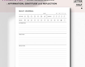 Diario giornaliero stampabile / Affermazione, gratitudine, riflessione / Design minimalista (download PDF)