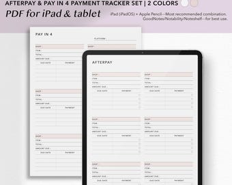 Afterpay e Pay in 4 Tracker Digital / Pacchetto Tracker di Pagamento BNPL di una Pagina (Verticale) / GoodNotes, PDF per Tablet