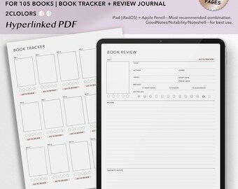 Diario di lettura digitale / Registro di lettura e revisione dei libri / Planner di 105 libri / Diario minimale con collegamenti ipertestuali