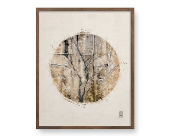 Neutralny nowoczesny abstrakcyjny zen koło teksturowany akwarelowy nadruk, sztuka ścienna w stylu japońskim, skandynawski design, obraz w odcieniach ziemi, nordycki wystrój domu