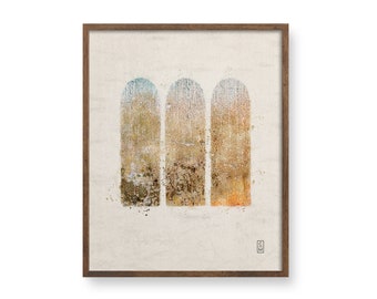 Współczesne łuki, sztuka ścienna boho, niebieski i złoty abstrakcyjny wydruk akwarelowy, teksturowane akwarele, skandynawski wystrój drukowany, uspokajająca sztuka