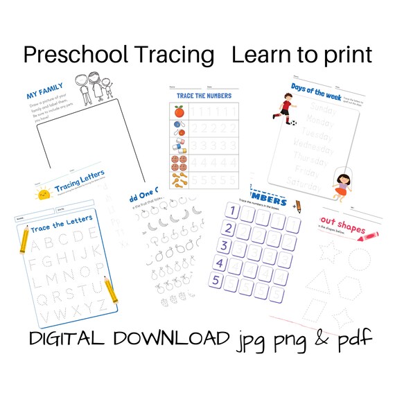 Preschool Kindergarten Tracing Learn to Print & Write DIGITAL DOWNLOAD numbers letters shapes days of the week draw family learning packet