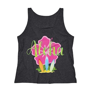 May include: A dark gray tank top with a pink hibiscus flower and the word "Aloha" in green script. Three colorful surfboards are below the flower.