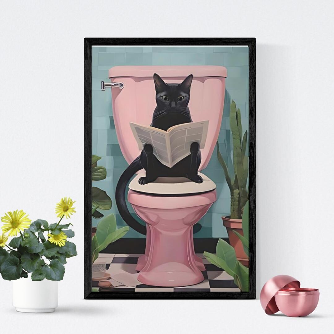 Black Cat Using Toilet, Cat Reading Newspaper Bathroom Decor Art, Funny ...